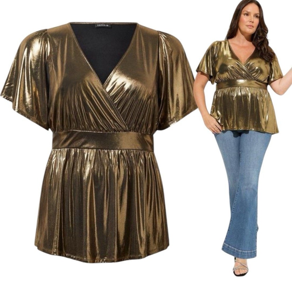 TORRID‎ Gold Liquid Shine Surplice Peplum Top NWT